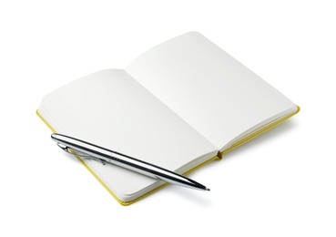 Open notebook with blank pages and pen isolated on white