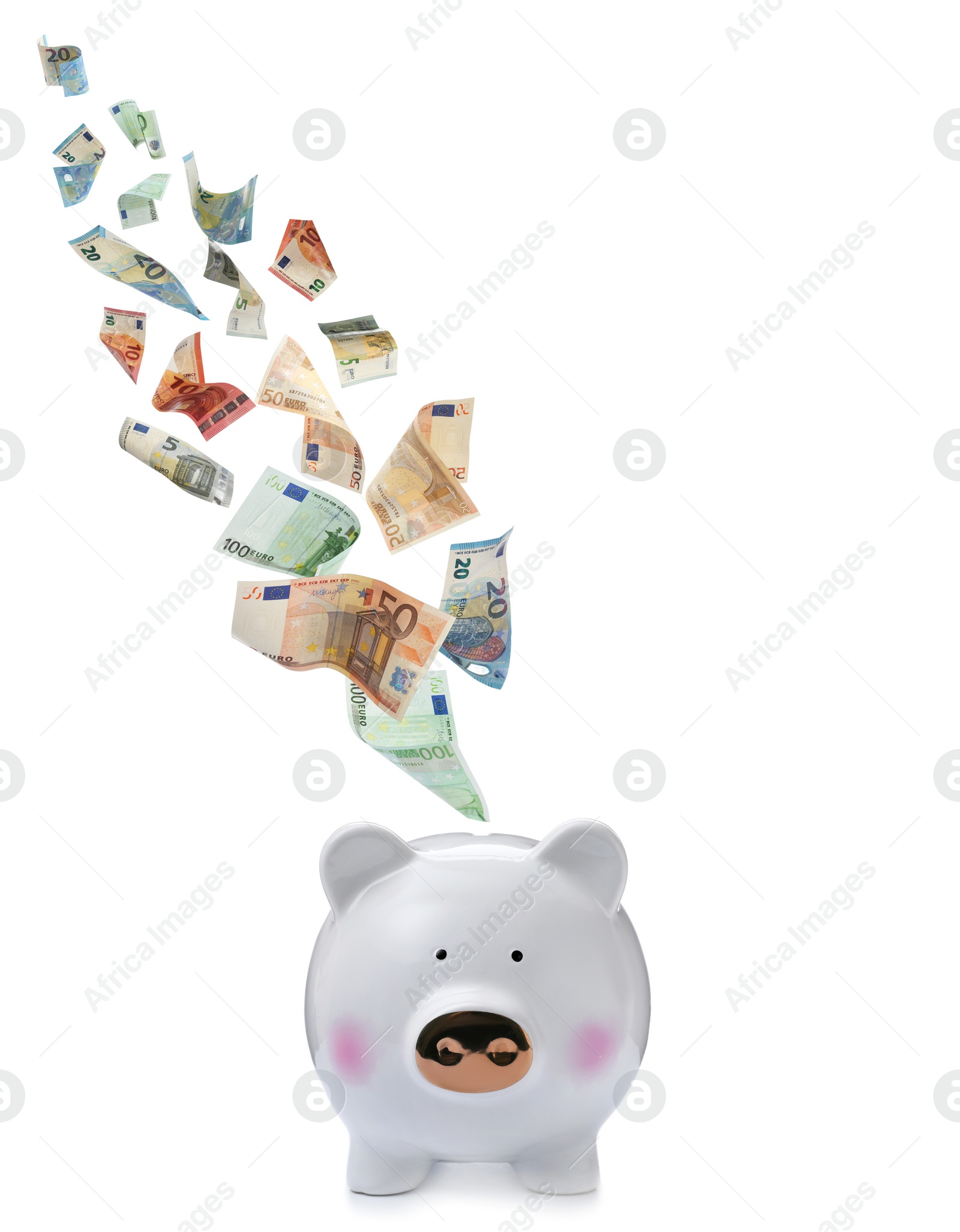 Image of Euro banknotes falling into piggy bank on white background