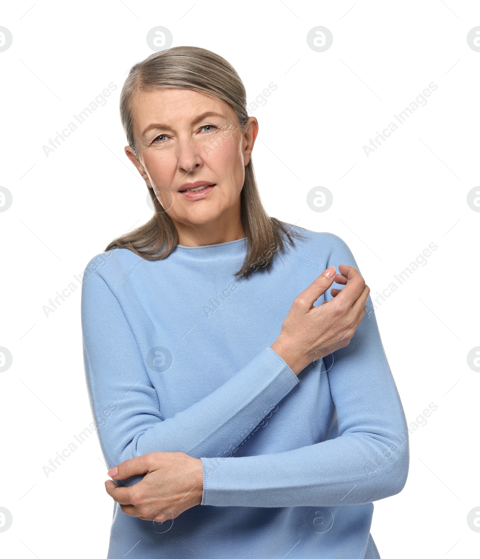 Photo of Arthritis symptoms. Woman suffering from pain in elbow on white background