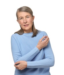 Arthritis symptoms. Woman suffering from pain in elbow on white background