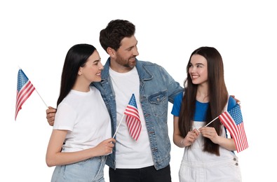 4th of July - Independence day of America. Happy family with national flags of United States on white background