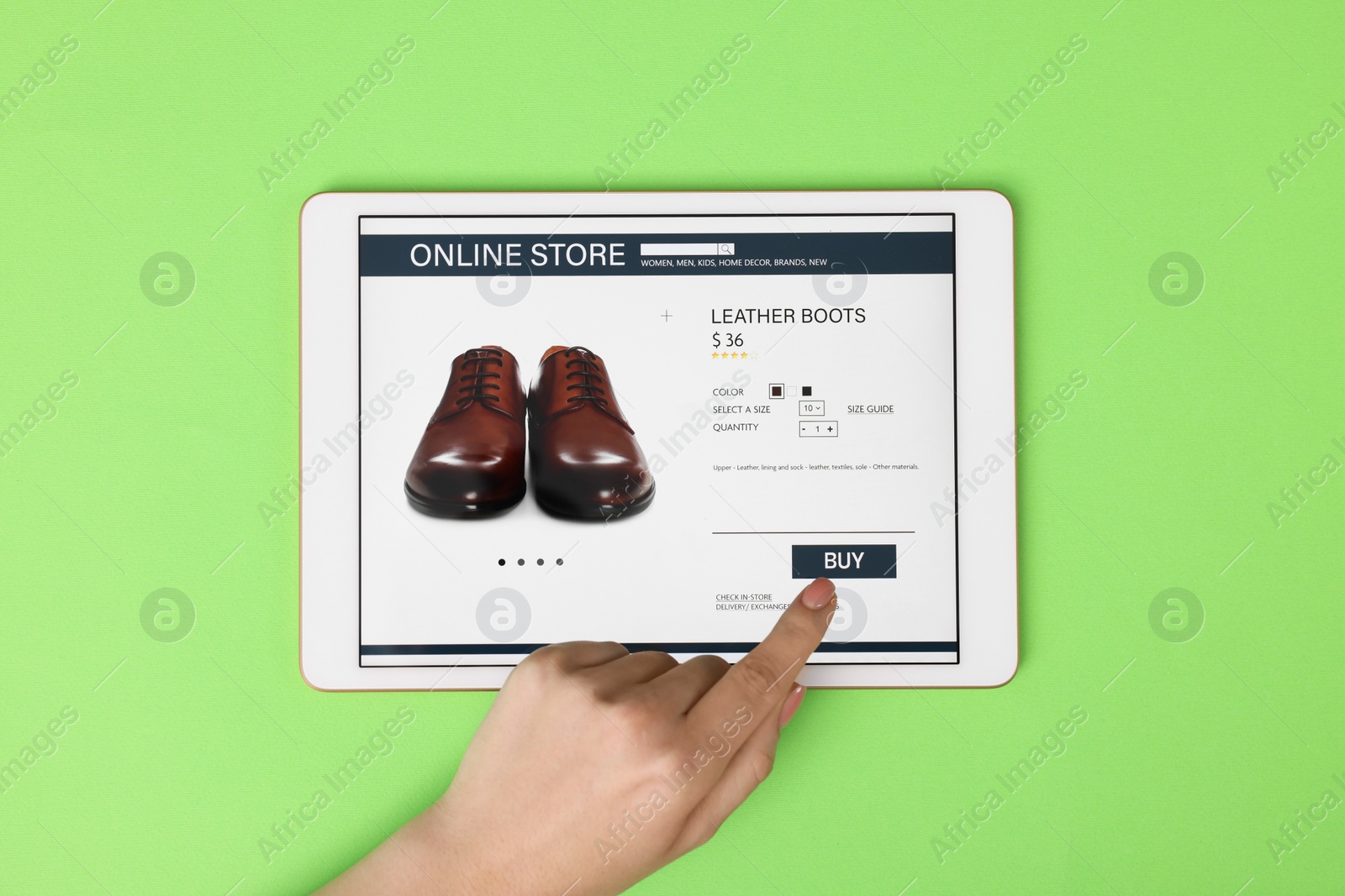 Photo of Woman with tablet shopping online on green background, top view