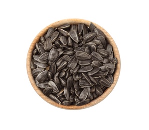 Raw organic sunflower seeds in wooden bowl isolated on white, top view