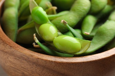 Bowl with green edamame beans in pods, closeup