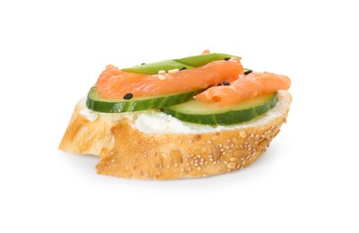 Tasty canape with salmon, cucumber and cream cheese isolated on white