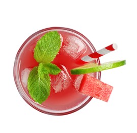 Photo of Tasty watermelon drink with slice of lime, mint and ice cubes in glass isolated on white, top view
