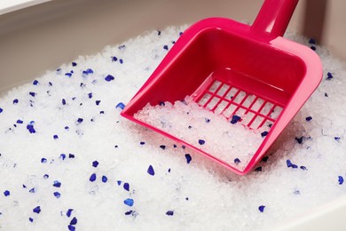 Photo of Cat litter tray with silica gel filler and scoop, closeup