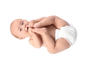 Cute little baby lying on white background, top view