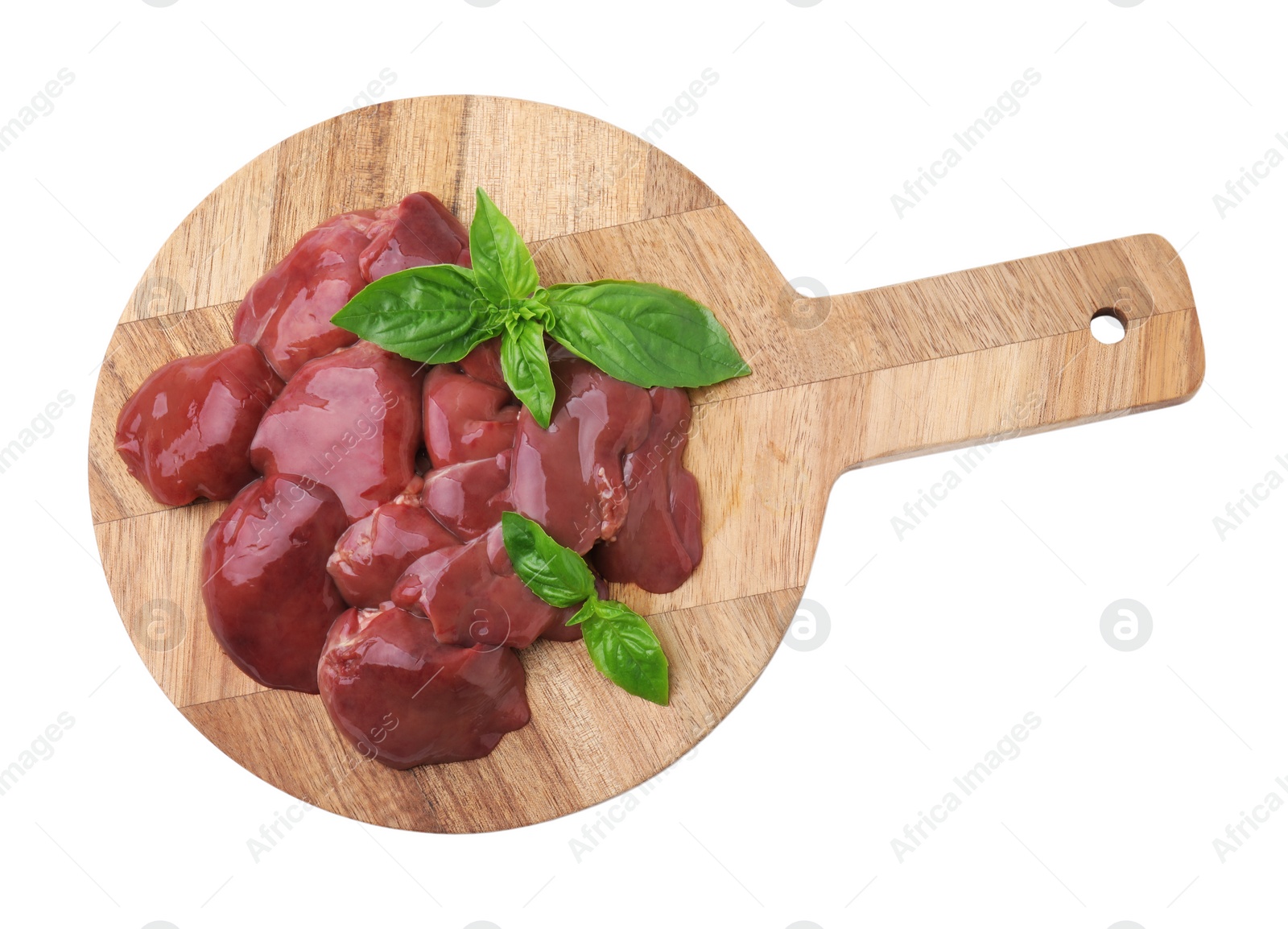 Photo of Wooden board with pieces of raw chicken liver isolated on white, top view