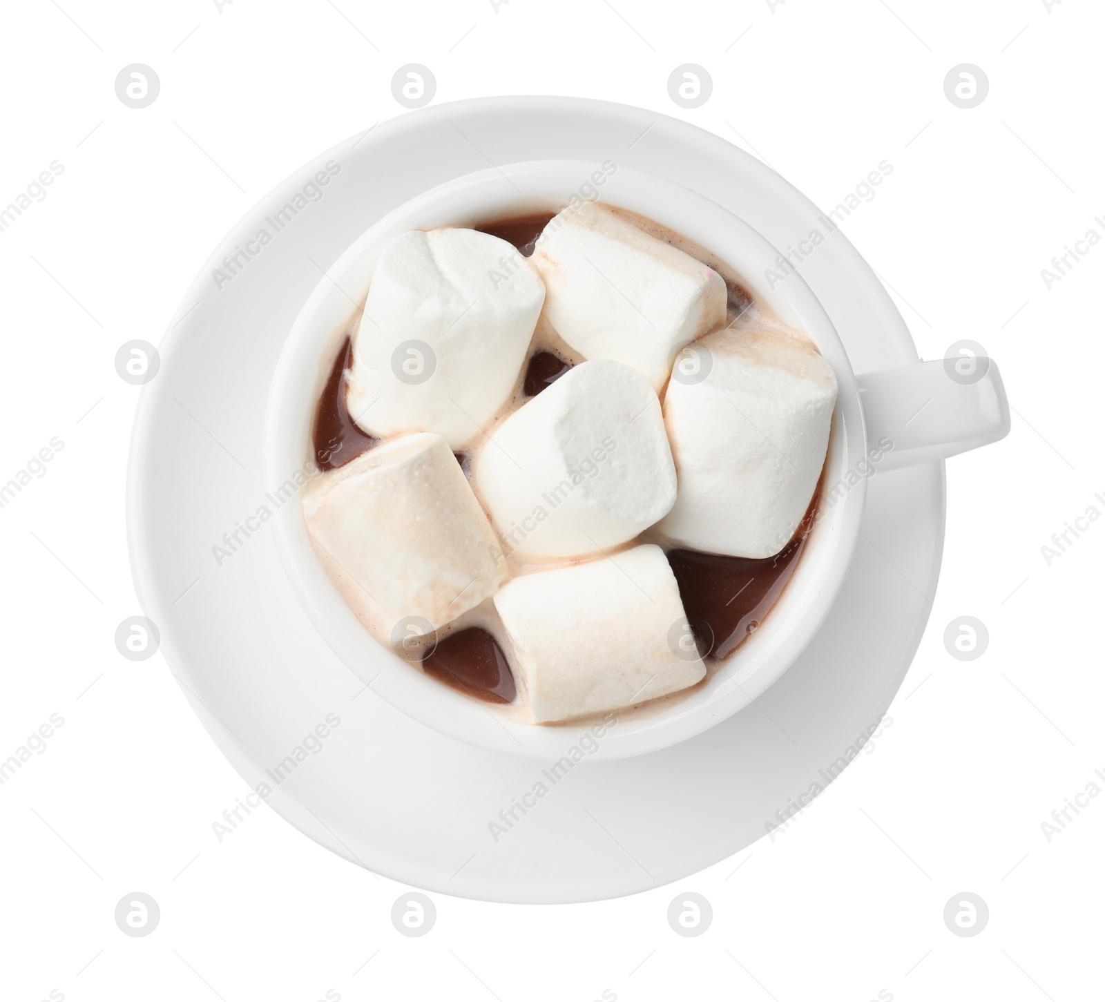 Photo of Tasty hot chocolate with marshmallows isolated on white, top view