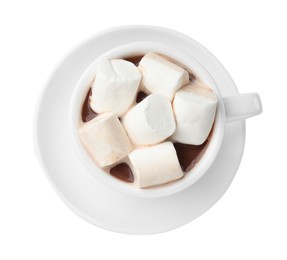 Photo of Tasty hot chocolate with marshmallows isolated on white, top view