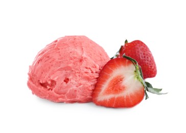 Photo of Scoop of delicious ice cream with strawberries on white background
