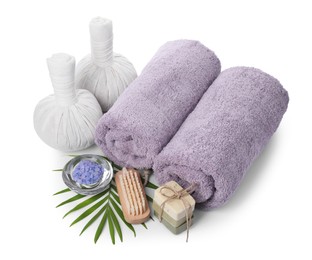 Photo of Different spa supplies and floral decor isolated on white