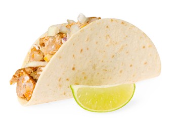 Delicious taco with meat, onion and lime isolated on white