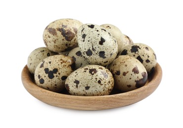 Photo of Wooden plate with quail eggs isolated on white
