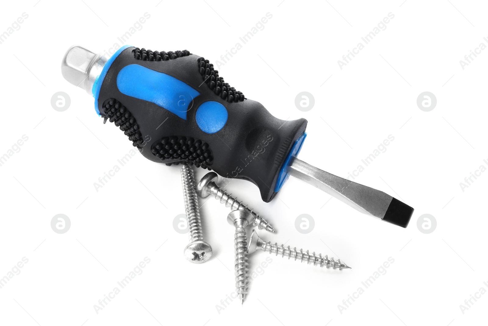 Photo of Screwdriver with black handle and screws isolated on white, top view