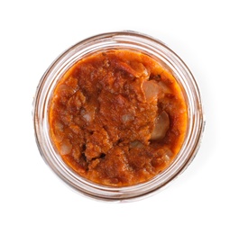 Photo of Open jar with vegetable spread on white background, top view. Pickled food