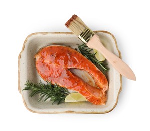 Photo of Fresh marinade, fish, lime, rosemary and brush isolated on white, top view