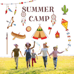 Image of Children at summer camp. Illustrations on background