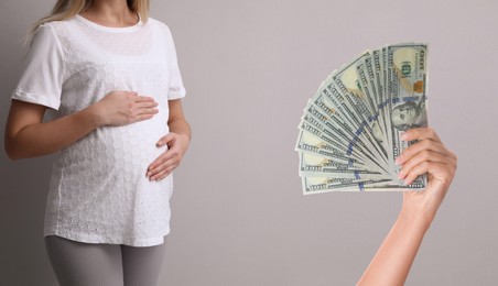 Surrogacy. Intended mother with money and pregnant woman on light grey background, banner design