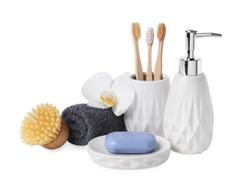 Bath accessories. Set of different personal care products and flower isolated on white