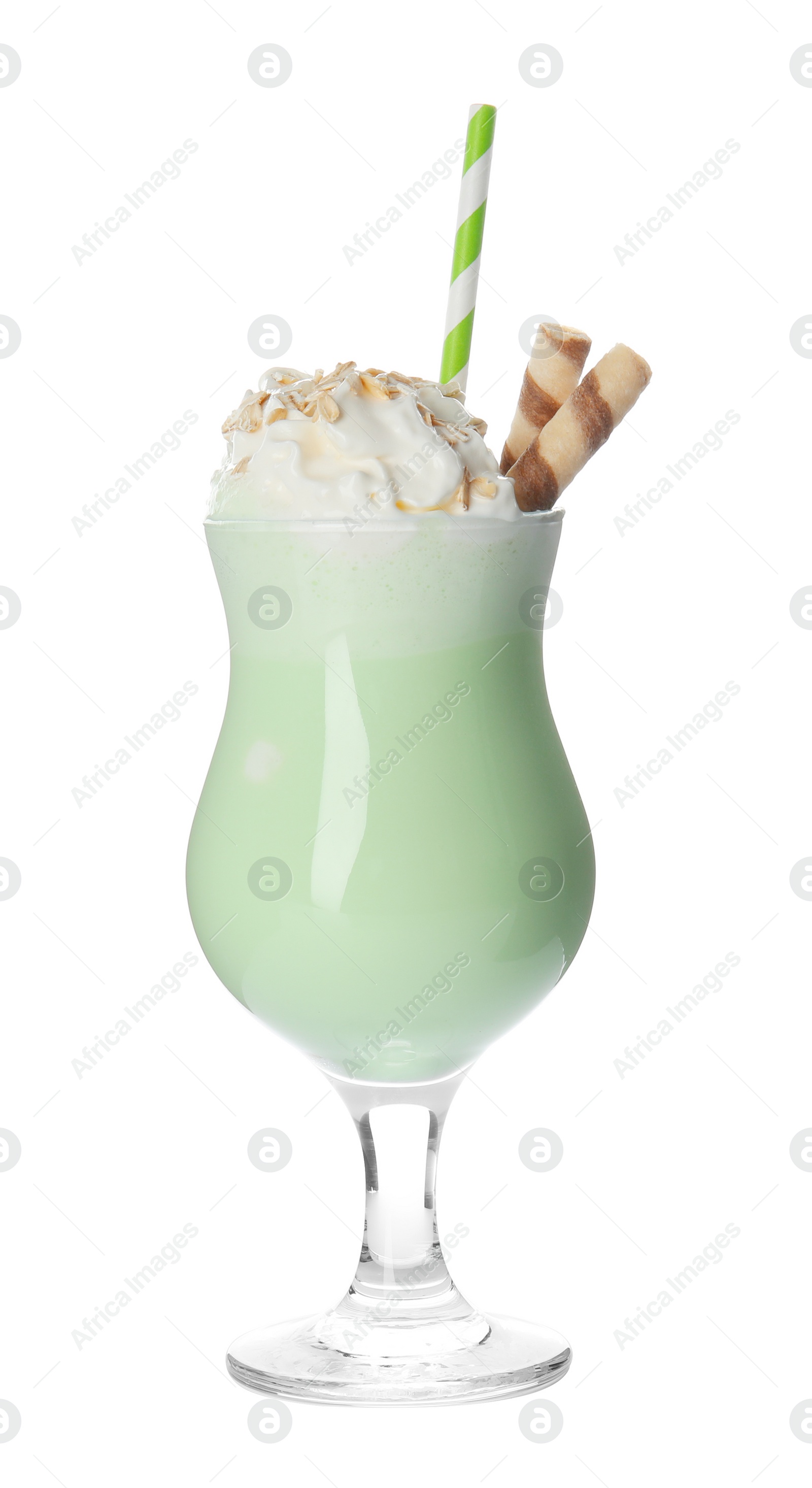 Photo of Glass of tasty milk shake on white background