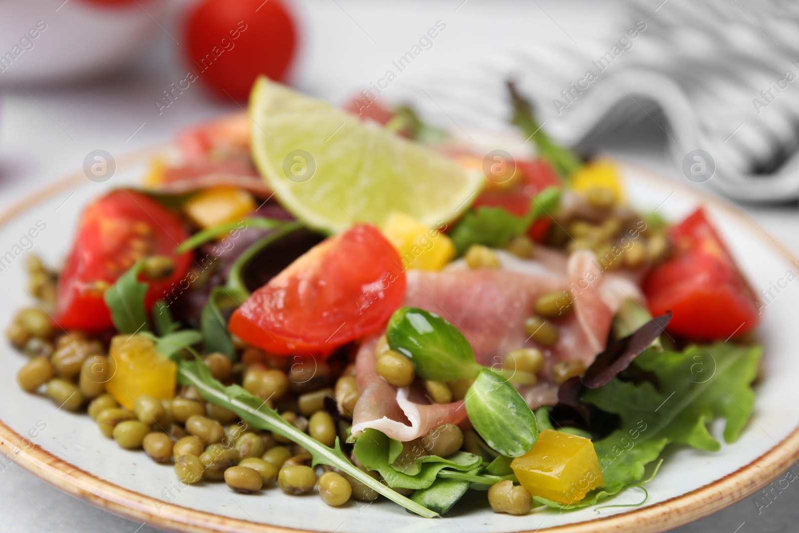 Photo of Plate of salad with mung beans, closeup view