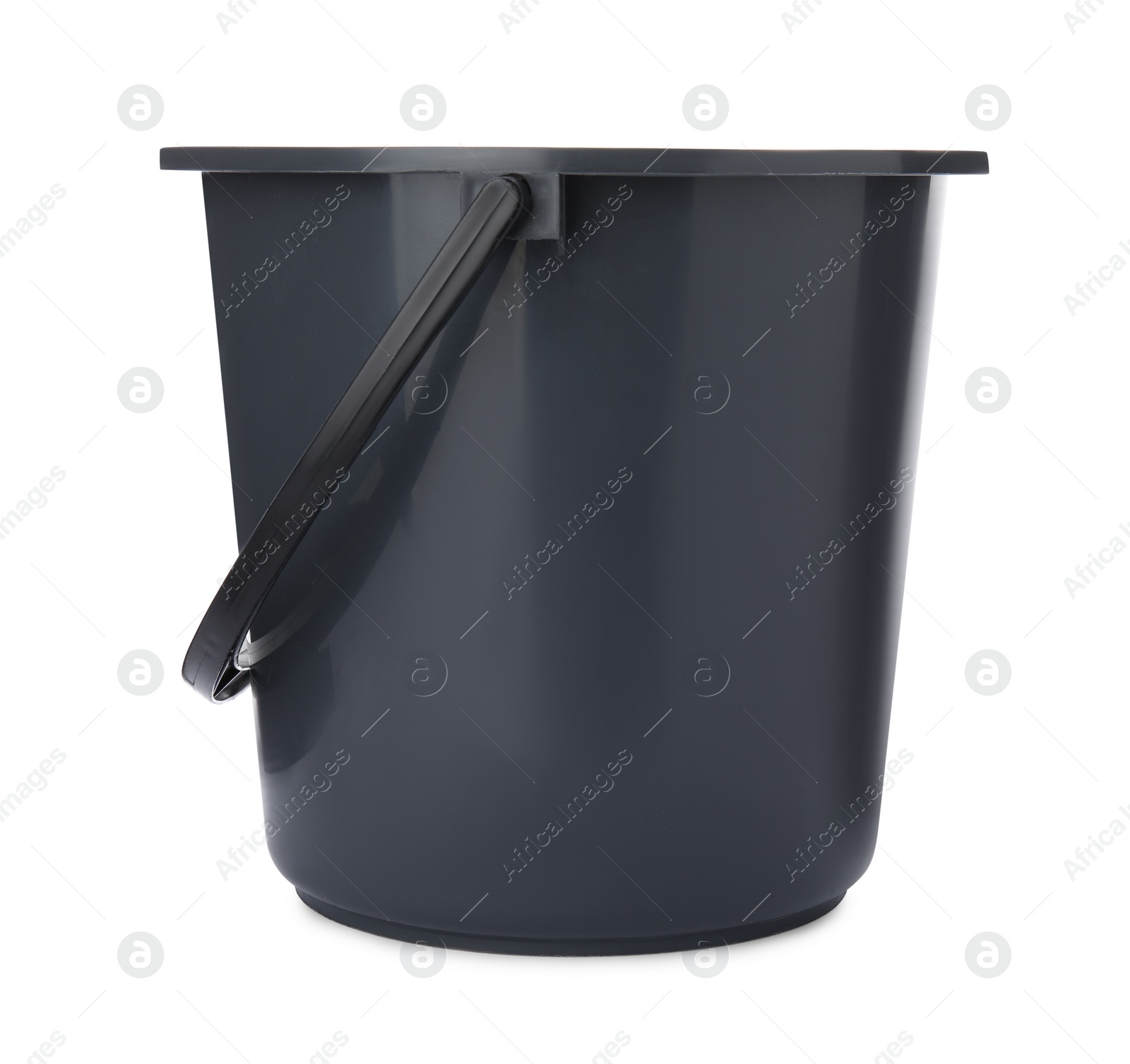 Photo of Empty black bucket for cleaning isolated on white