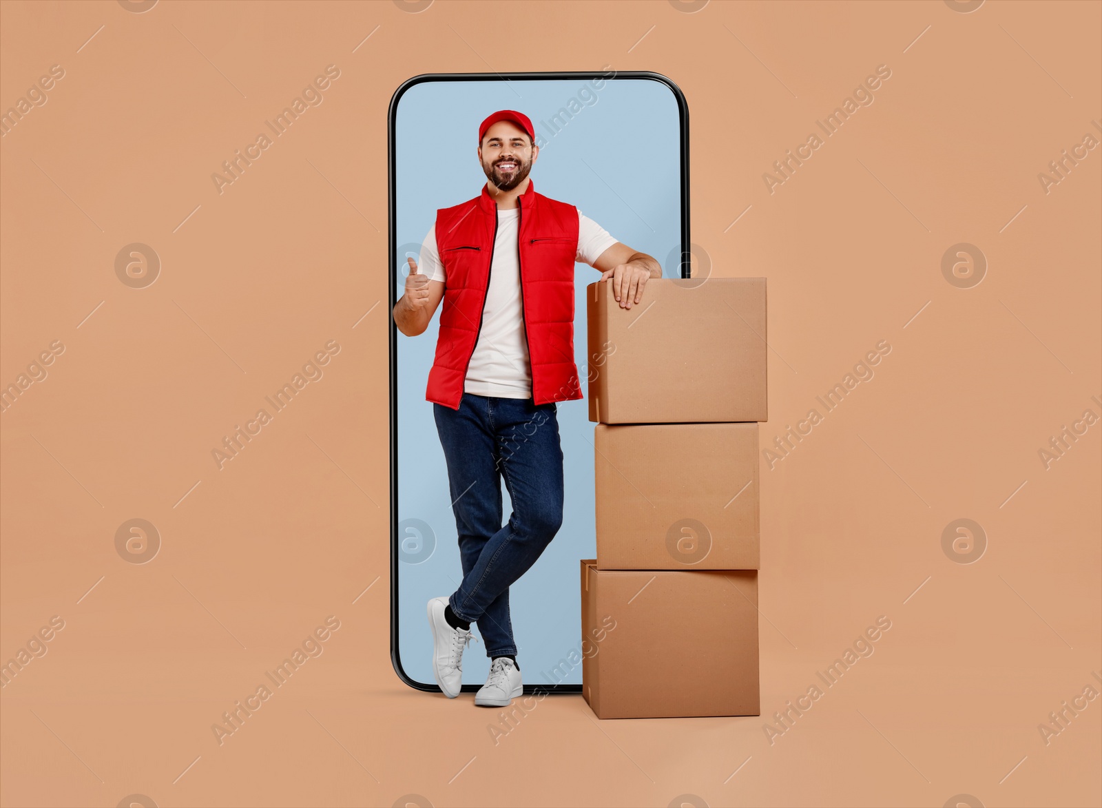 Image of Courier with parcels near huge smartphone on dark beige background. Delivery service