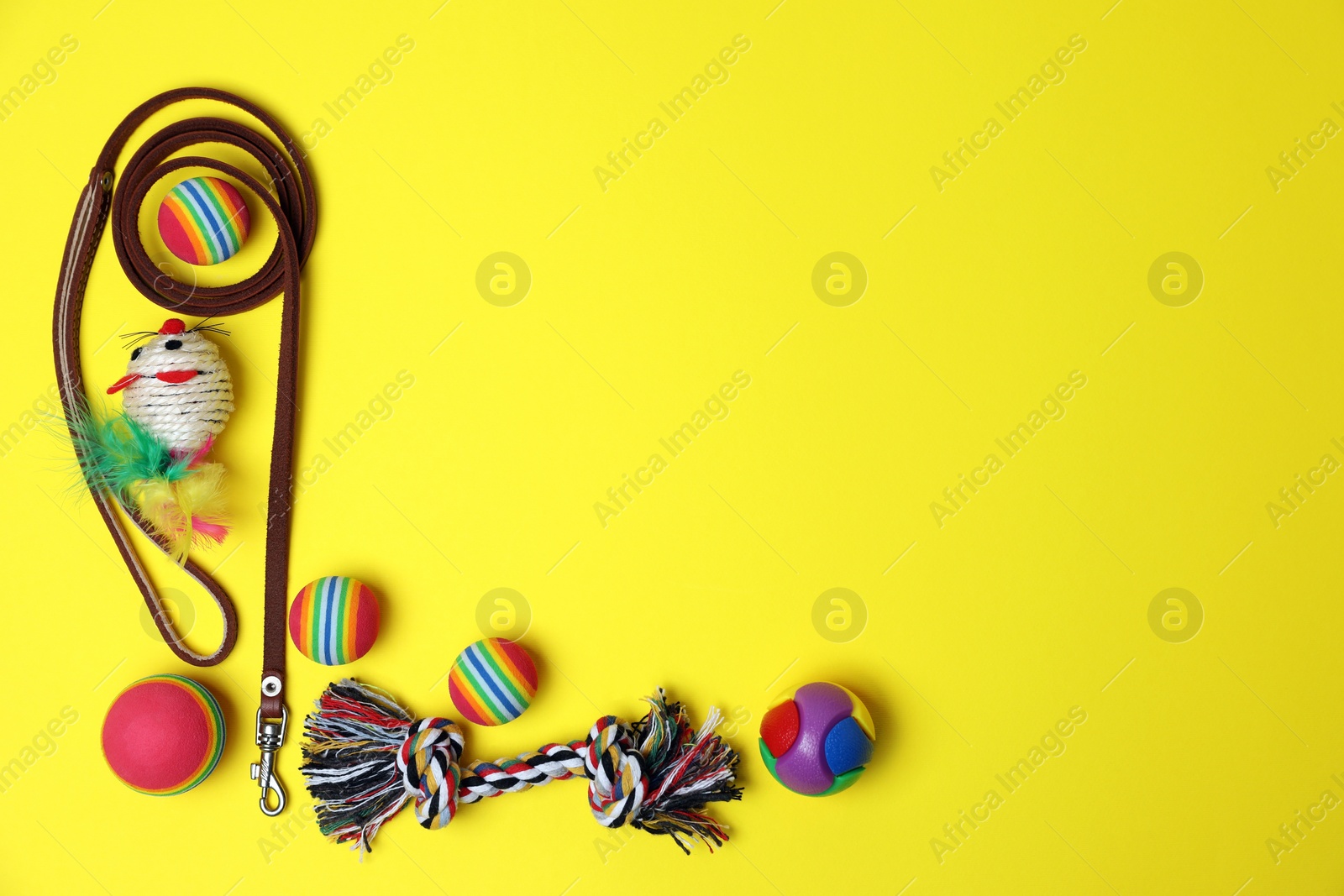 Photo of Flat lay composition with pet leash and toys on yellow background, space for text