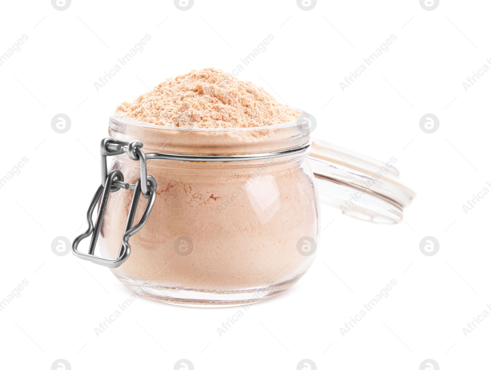 Photo of Glass jar of lentil flour isolated on white