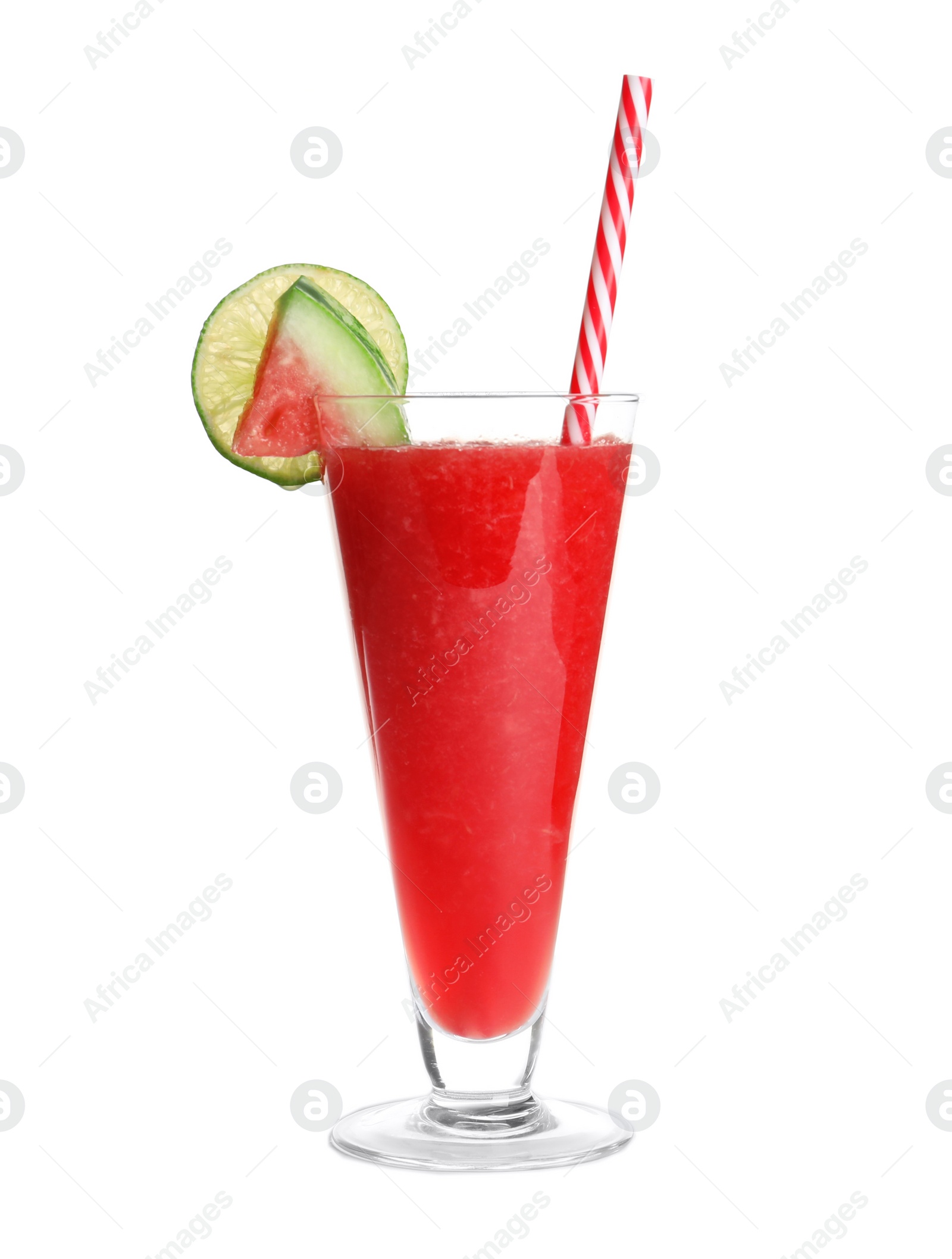 Photo of Tasty summer watermelon drink in glass on white background