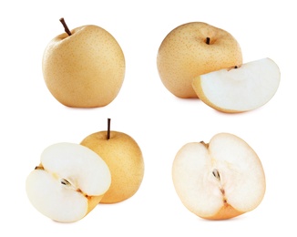 Image of Set with fresh ripe apple pears on white background 