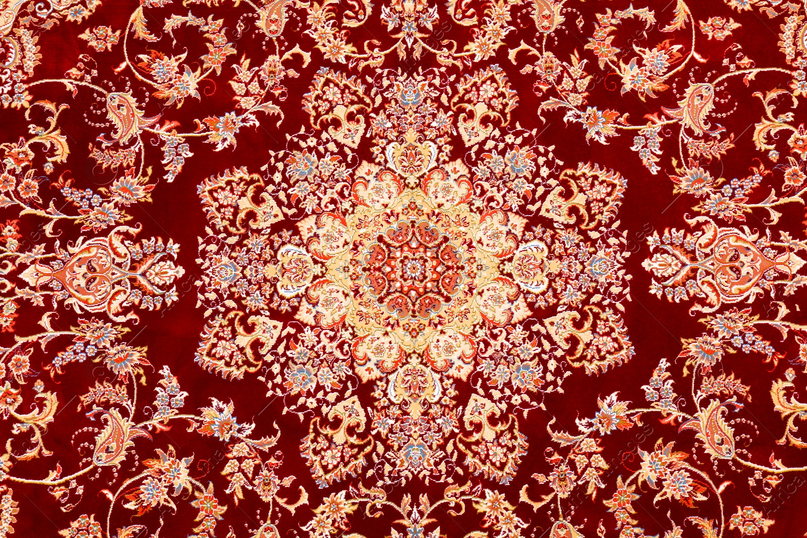 Image of Soft red carpet with beautiful pattern as background, top view