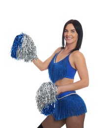 Photo of Beautiful cheerleader in costume holding pom poms on white background