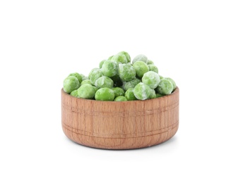Bowl with frozen peas on white background. Vegetable preservation