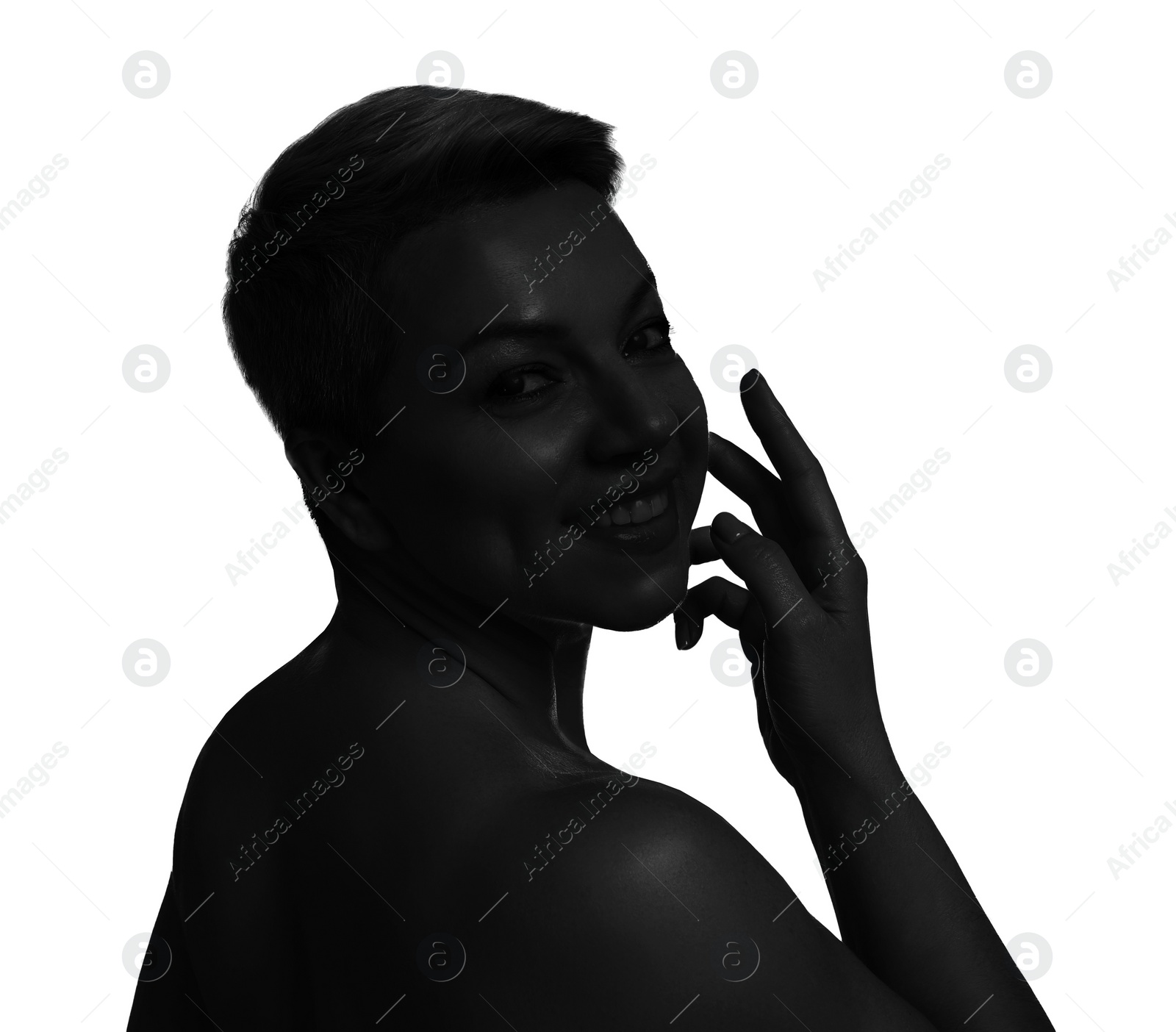Image of Silhouette of happy woman isolated on white