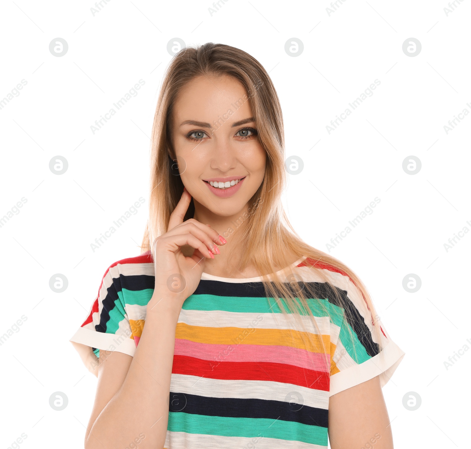 Photo of Portrait of beautiful smiling woman on white background