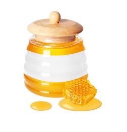 Image of Sweet honey in glass jar with blank label and piece of honeycomb on white background. Mockup for design