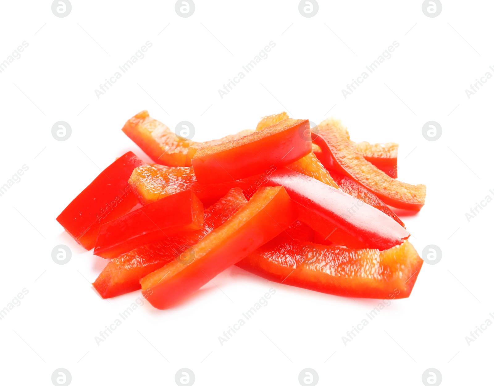 Photo of Slices of ripe red bell pepper on white background