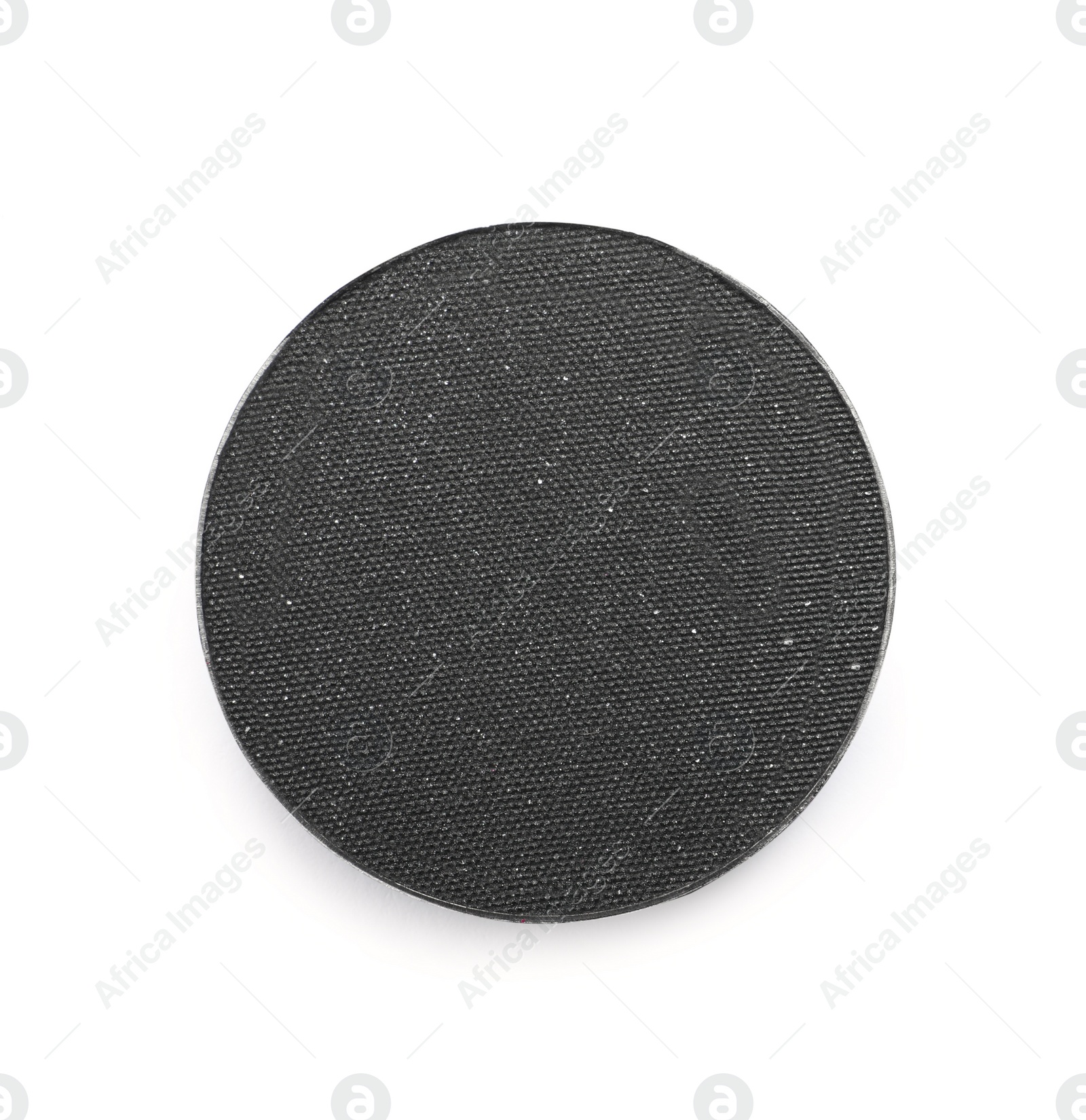 Photo of Black eye shadow on white background, top view. Decorative cosmetics