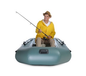 Photo of Man fishing with rod from inflatable rubber boat on white background