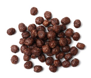 Photo of Tasty chocolate cereal balls isolated on white, top view