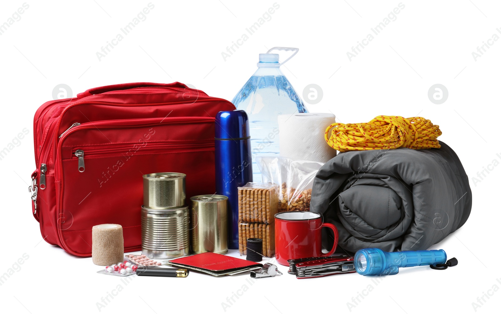 Photo of Disaster supply kit for earthquake on white background