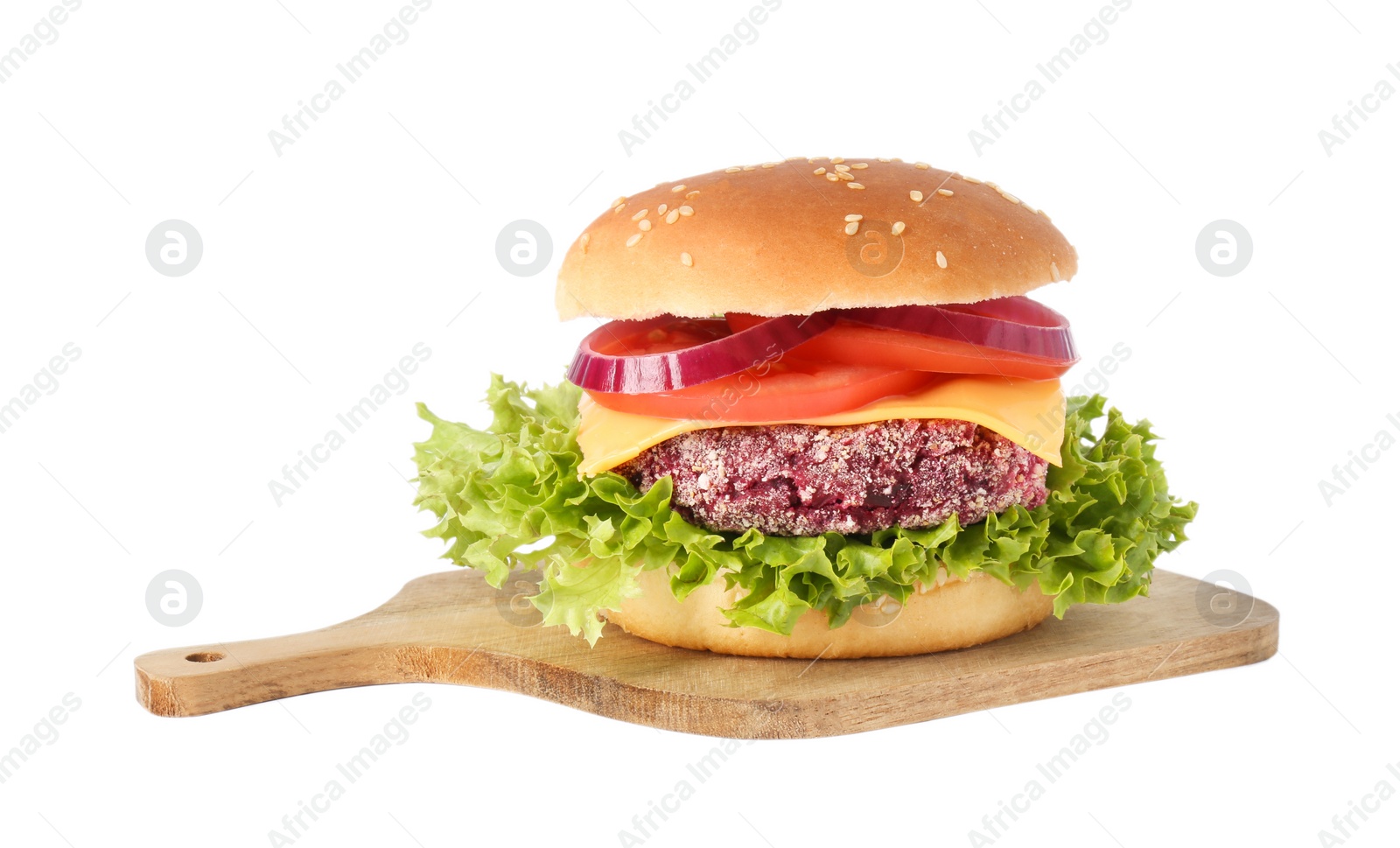 Photo of Tasty vegetarian burger with beet patty isolated on white