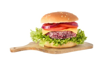 Photo of Tasty vegetarian burger with beet patty isolated on white