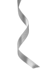 Beautiful silver ribbon isolated on white. Festive decor