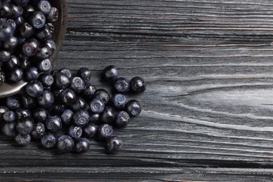 Ripe bilberries on dark wooden table, flat lay. Space for text