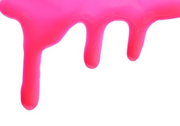 Photo of Bright pink nail polish flowing on white background