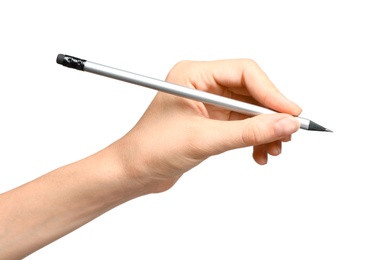 Photo of Young woman holding pencil on white background, closeup